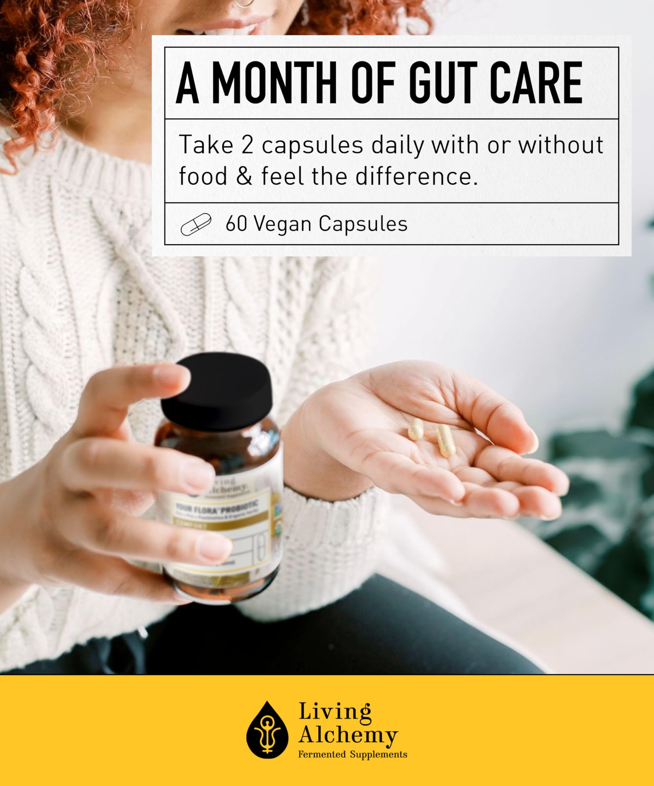 Living Alchemy prebiotics and postbiotics illustrate holistic gut wellness support.