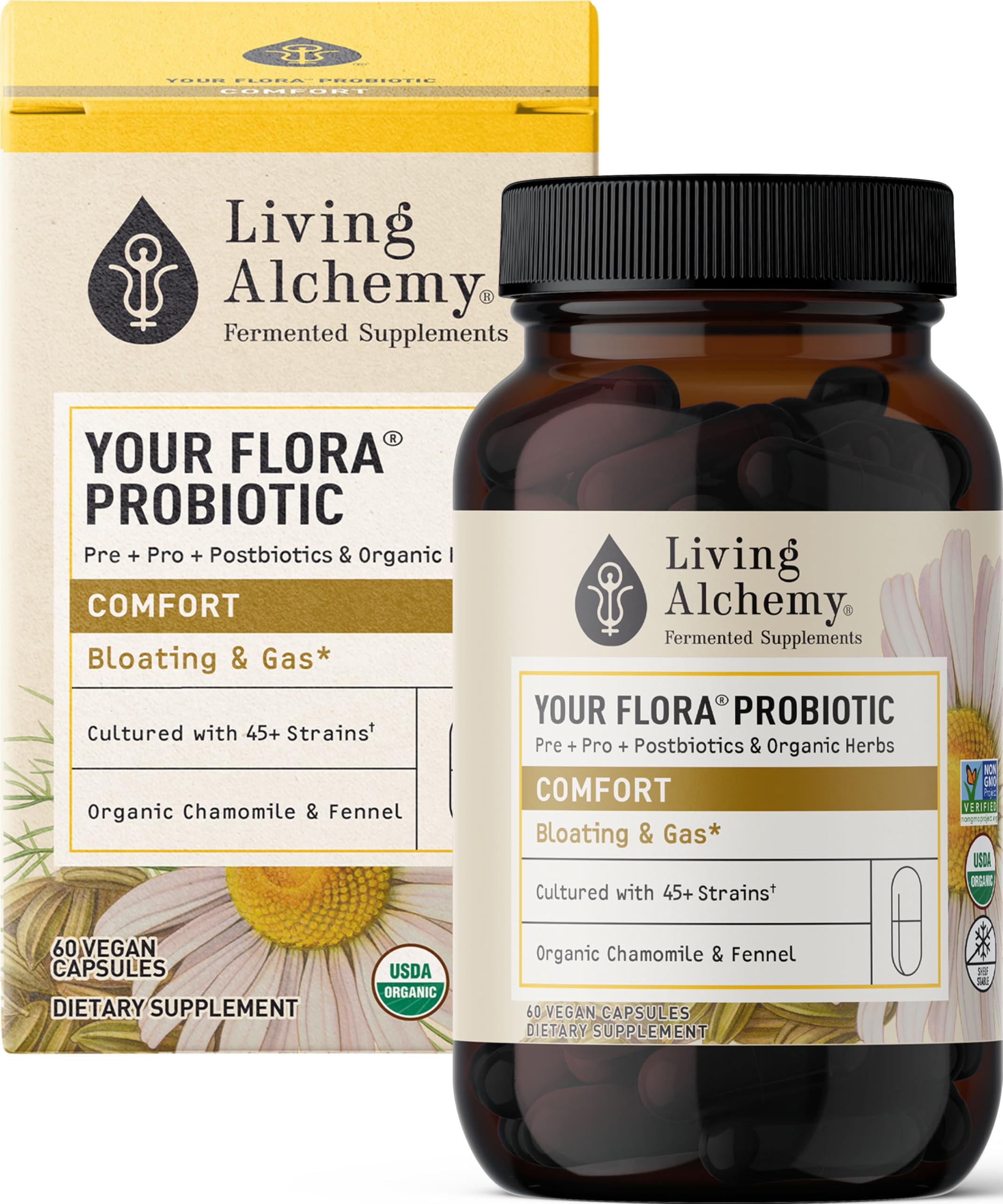 Living Alchemy Your Flora Probiotic Comfort bottle pour supports daily digestive balance.