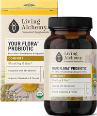 Living Alchemy Your Flora Probiotic Comfort bottle pour supports daily digestive balance.