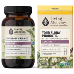 Living Alchemy Your Flora Probiotic Sensitive bottle image shows gentle gut support for daily use