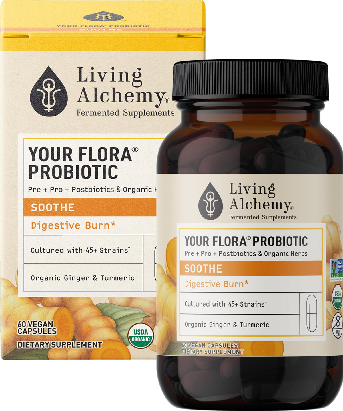 Living Alchemy Your Flora Probiotic Soothe bottle front promotes gut balance after meals