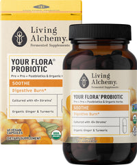 Living Alchemy Your Flora Probiotic Soothe bottle front promotes gut balance after meals