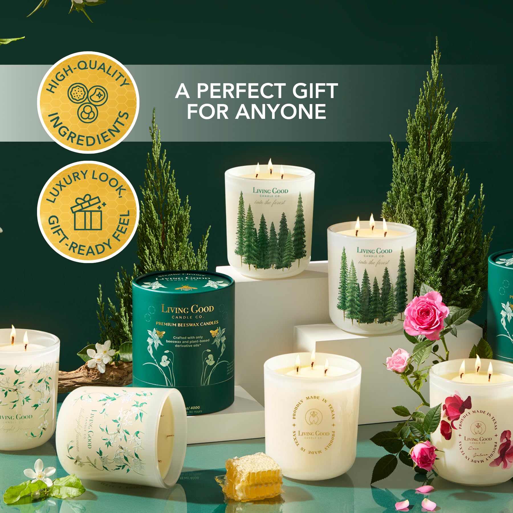 Living Good Candle Co Into the Forest hand-drawn forest design on label