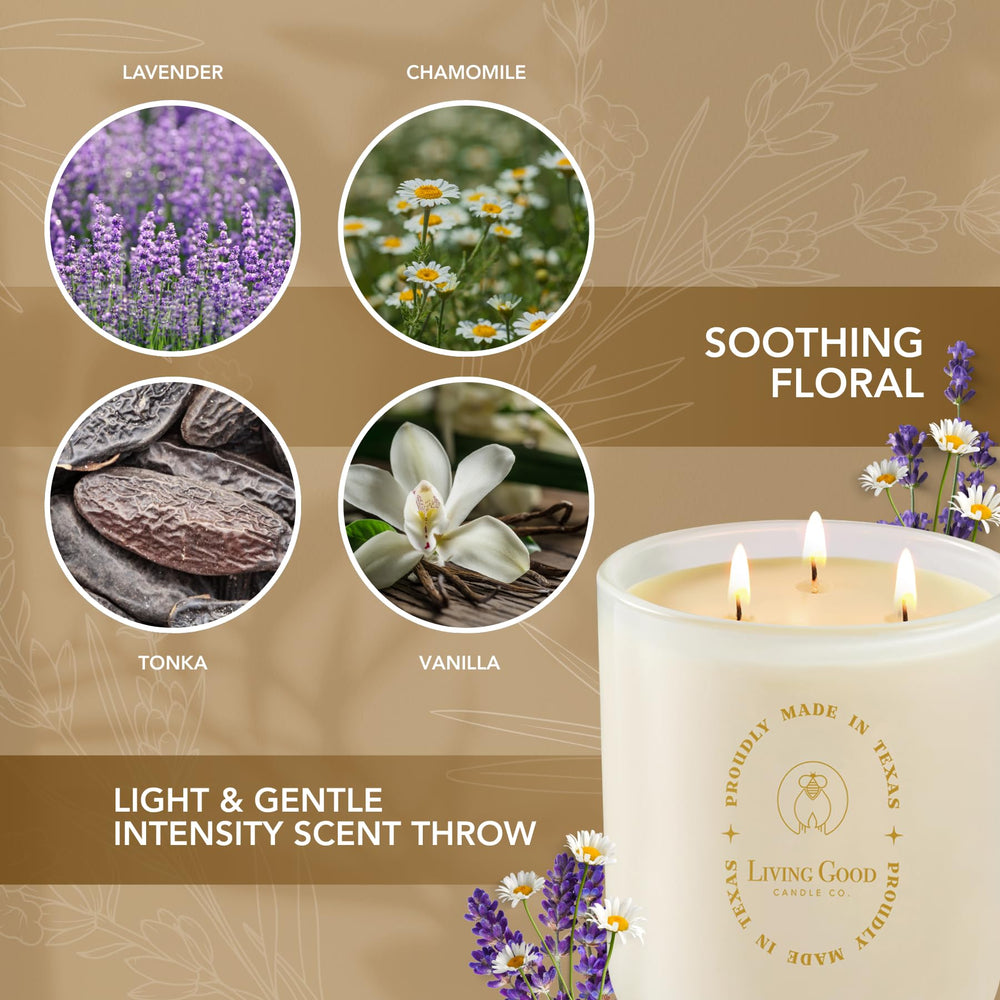 Living Good Candle Co. Tranquility bergamot top notes, mood-soothing aroma.