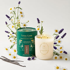 Living Good Candle Co. Tranquility jar closeup, calm evening ritual with beeswax warmth.
