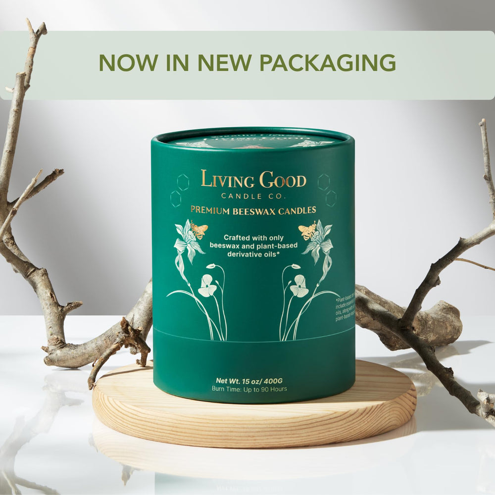 Living Good Claricomb candle on green gift box signals premium, ready to gift