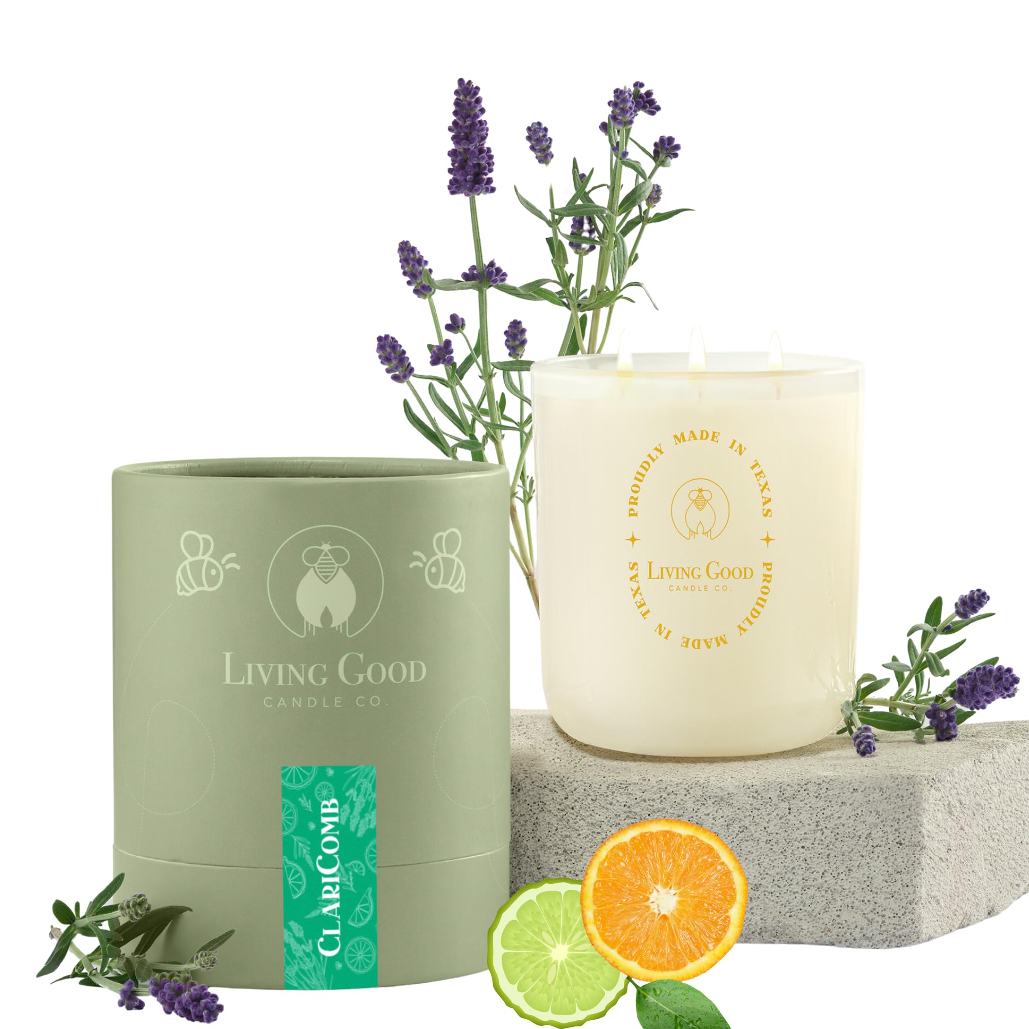 Living Good Candle Co Claricomb lavender and bergamot candle jar for calm spaces