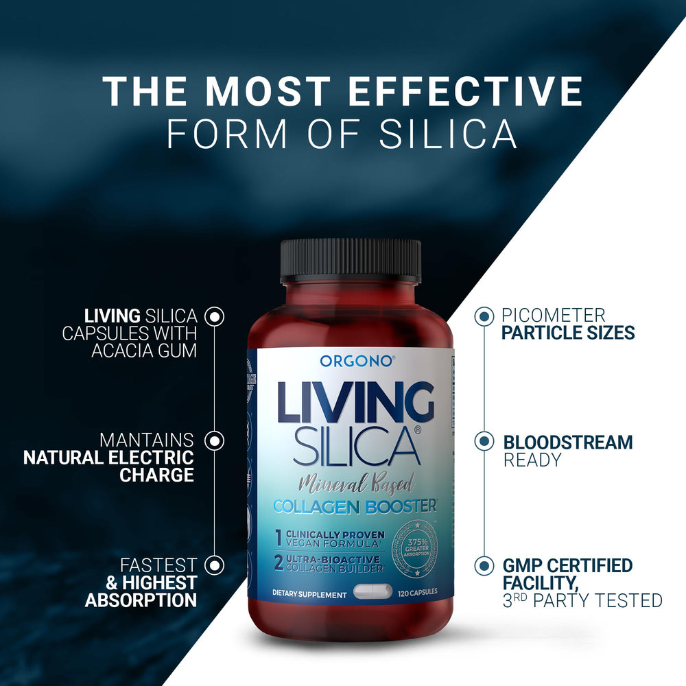 Living Silica ORGONO bottle front highlighting vegan and allergen-free formula.