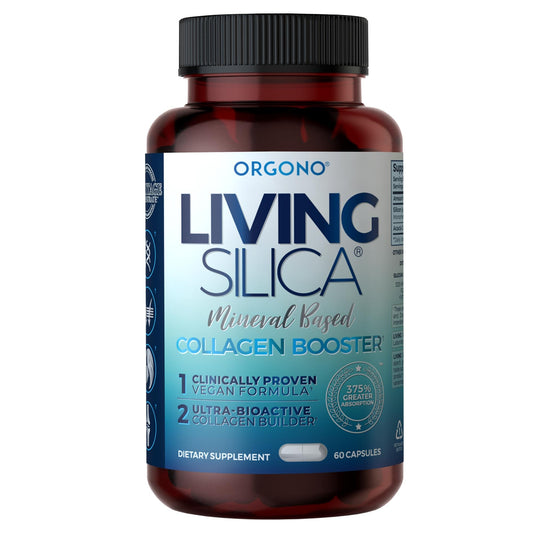 Living Silica ORGONO capsules bottle front promoting skin glow and joint support