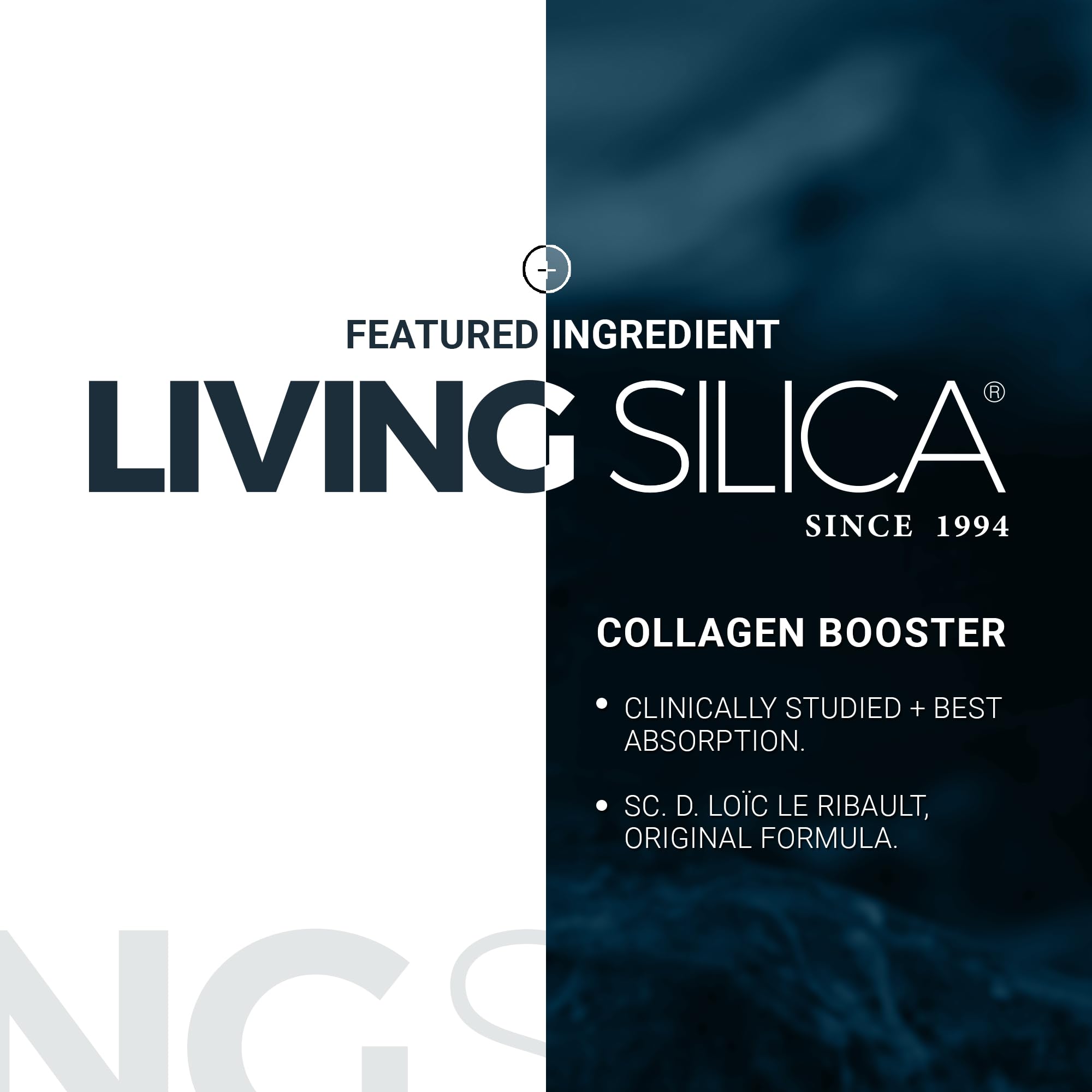 Living Silica ORGONO packaging close-up emphasizes allergen-free formulation.