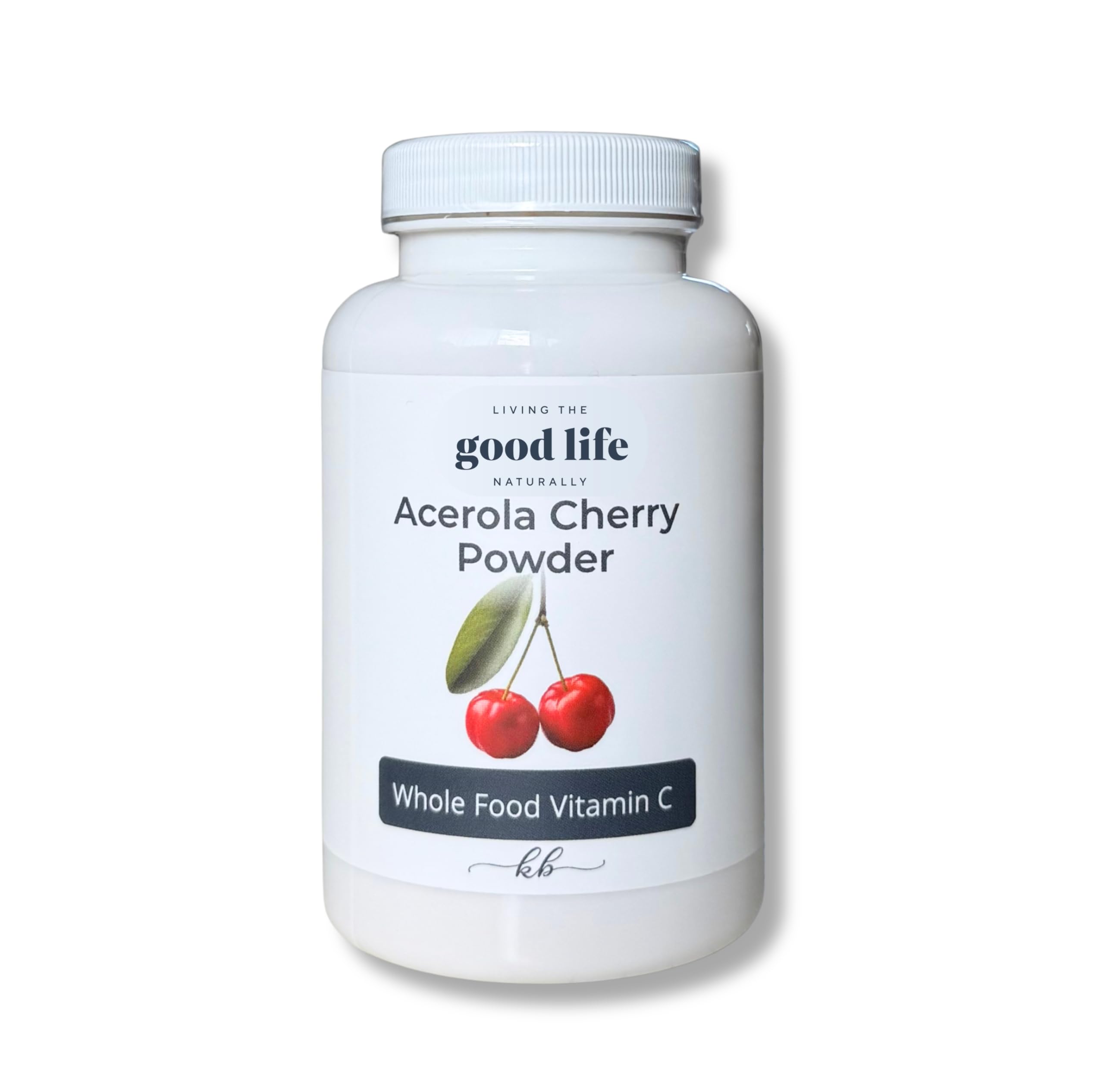Living the Good Life Naturally acerola powder bottle on countertop supports immune health and energy.