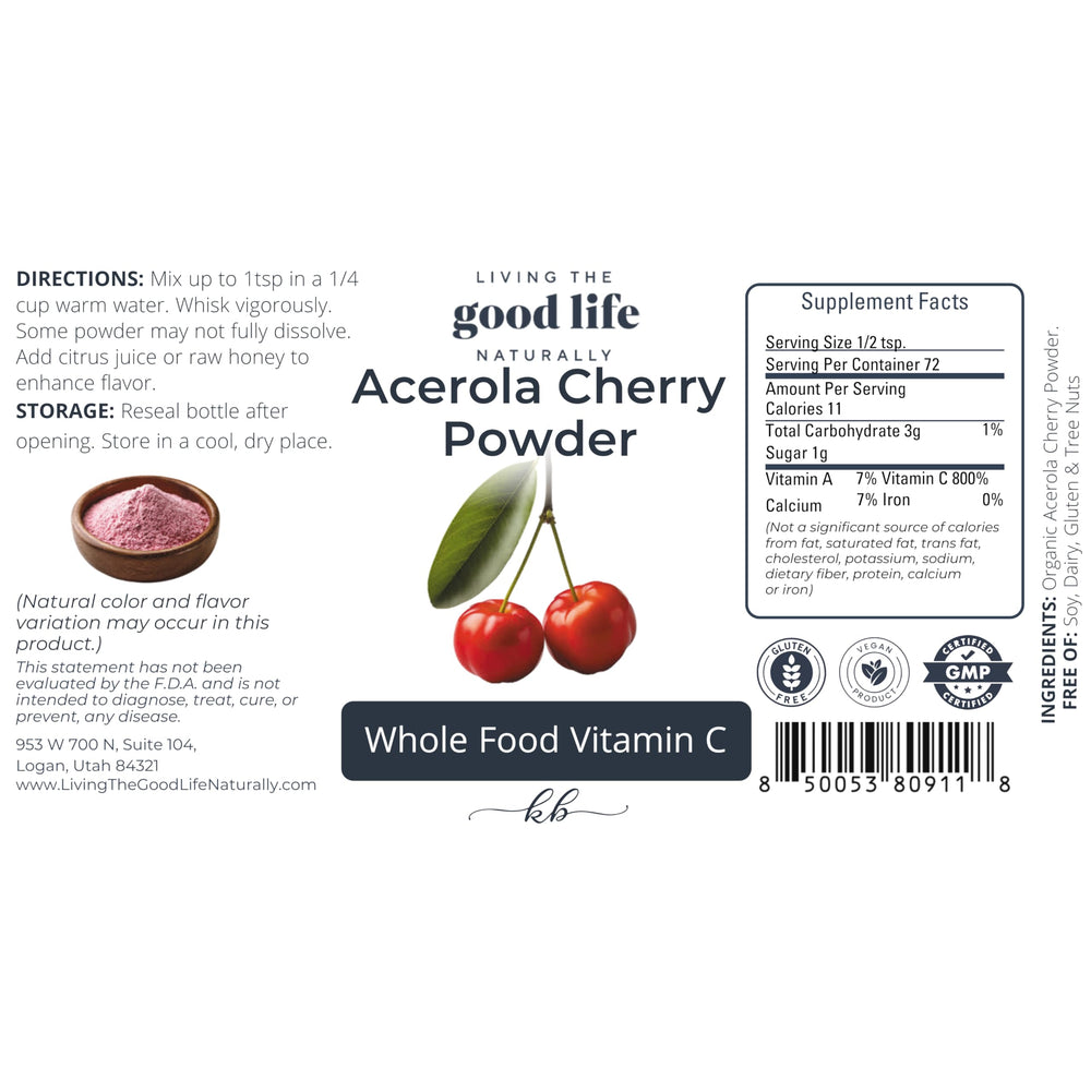 Living the Good Life Naturally acerola powder mixed into smoothie boosts vitamin C intake.