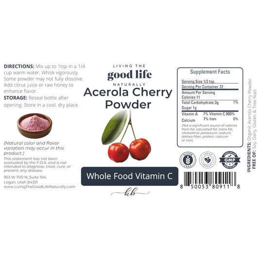 Living the Good Life Naturally acerola powder mixed into smoothie boosts vitamin C intake.