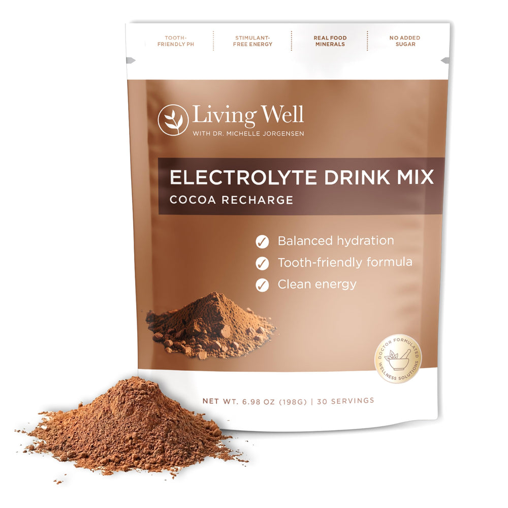 Living Well with Dr. Michelle chocolate electrolyte bottle promoting clean hydration for daily use