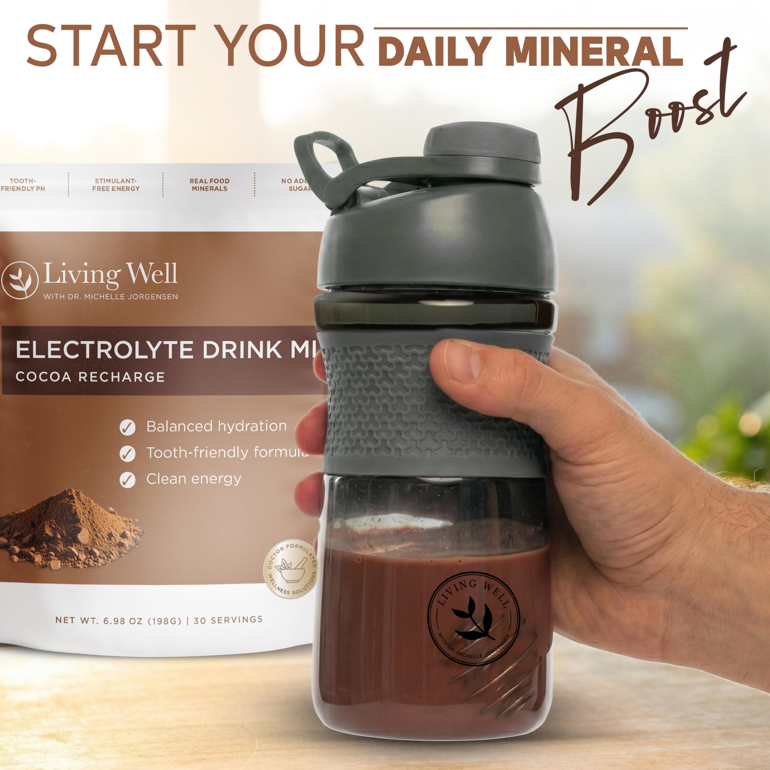 Living Well with Dr. Michelle chocolate electrolyte glass with ice highlights caffeine-free refreshment