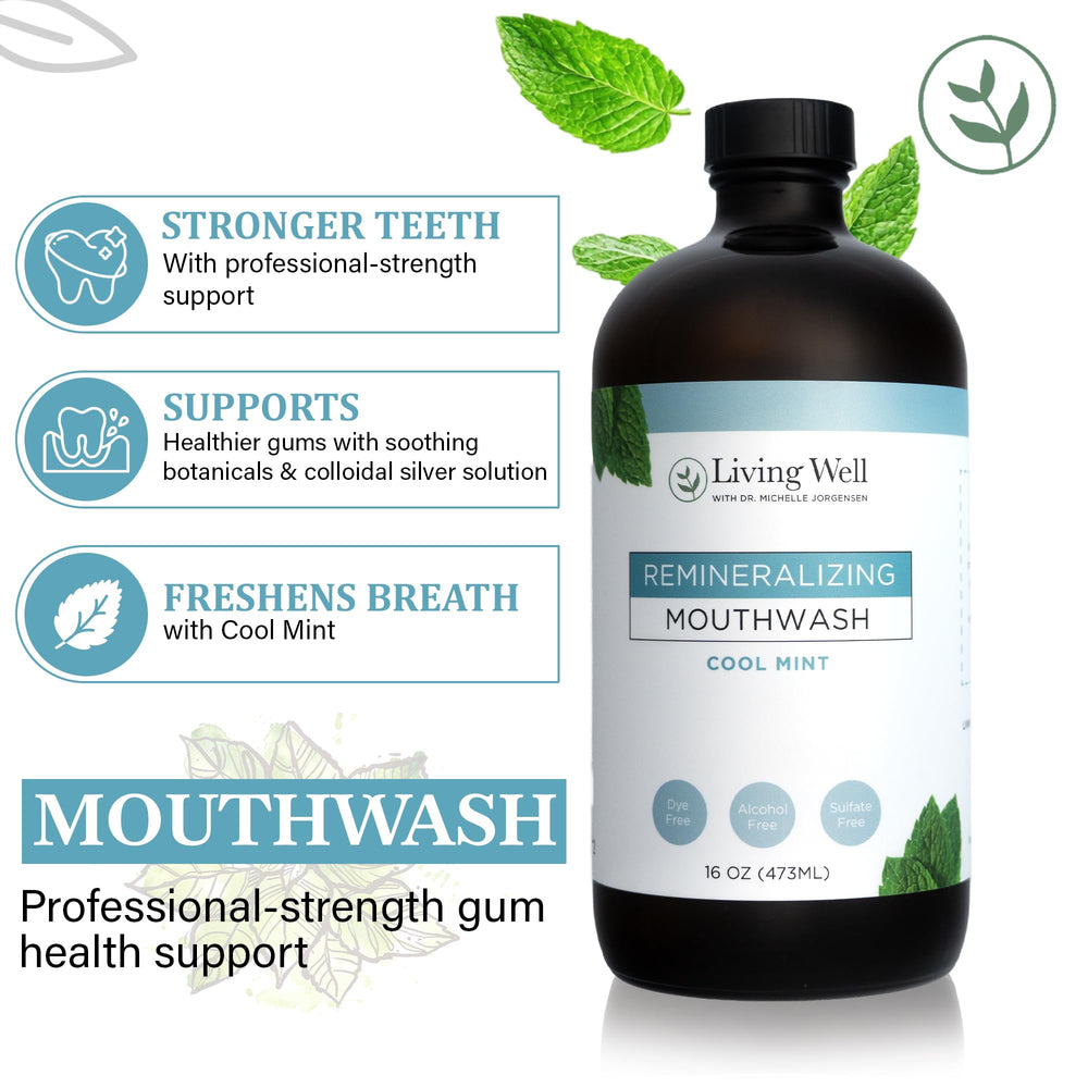 Ingredients close-up: hydroxyapatite and colloidal silver in Living Well with Dr. Michelle mouthwash
