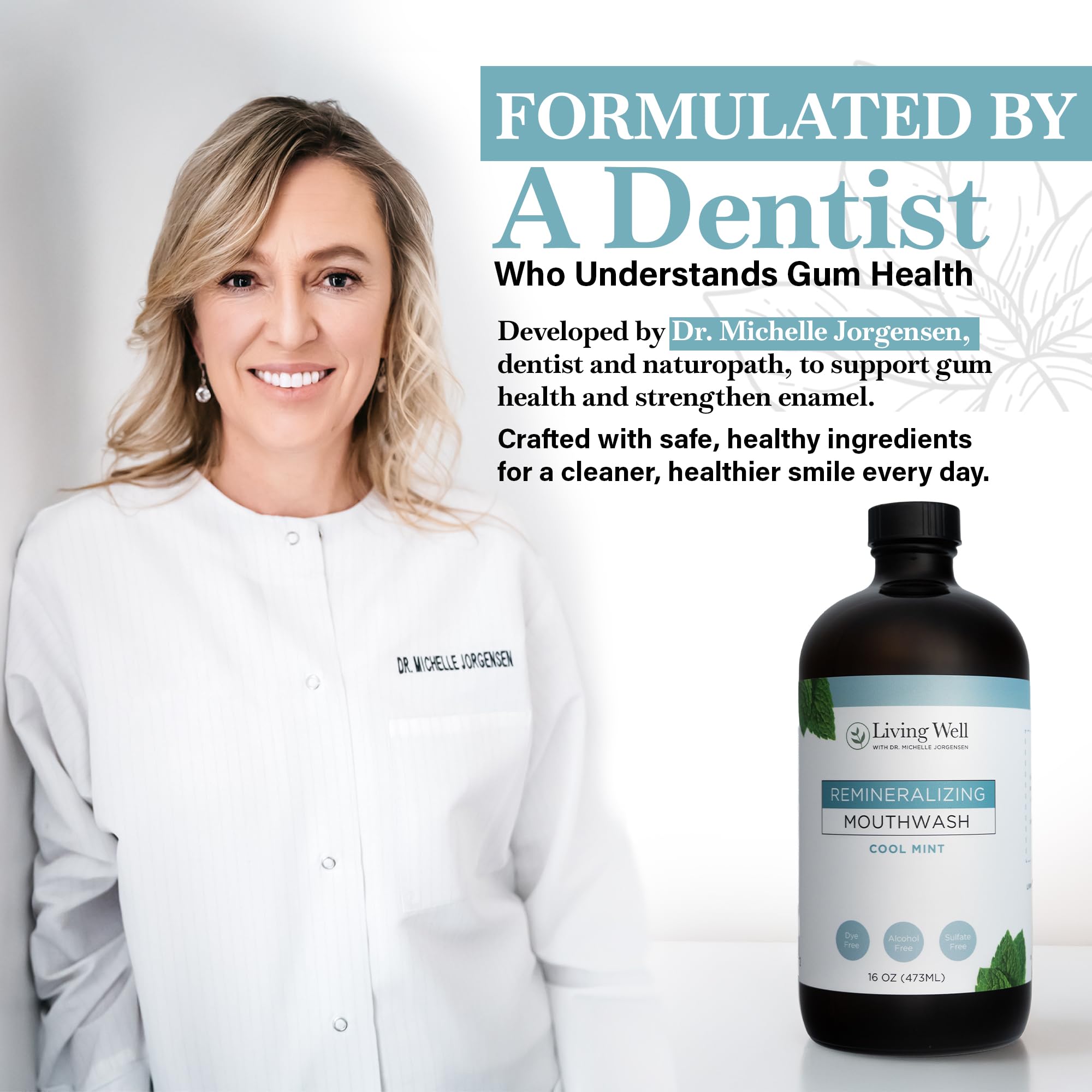 Cap pour of Living Well with Dr. Michelle Cool Mint mouthwash demonstrates dosage
