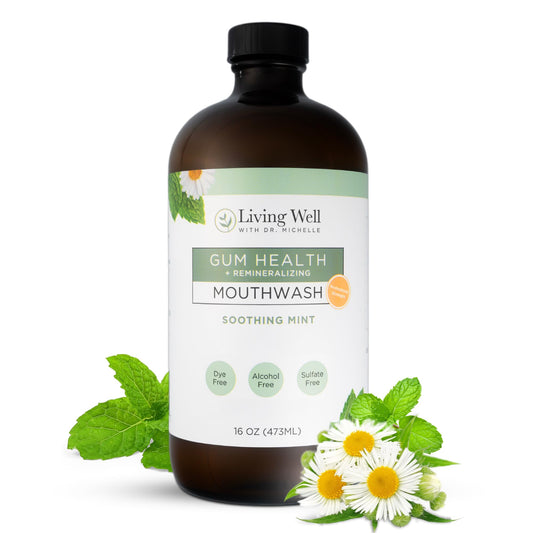 Living Well with Dr. Michelle Remineralizing Mouthwash bottle shows fresh breath potential and enamel support