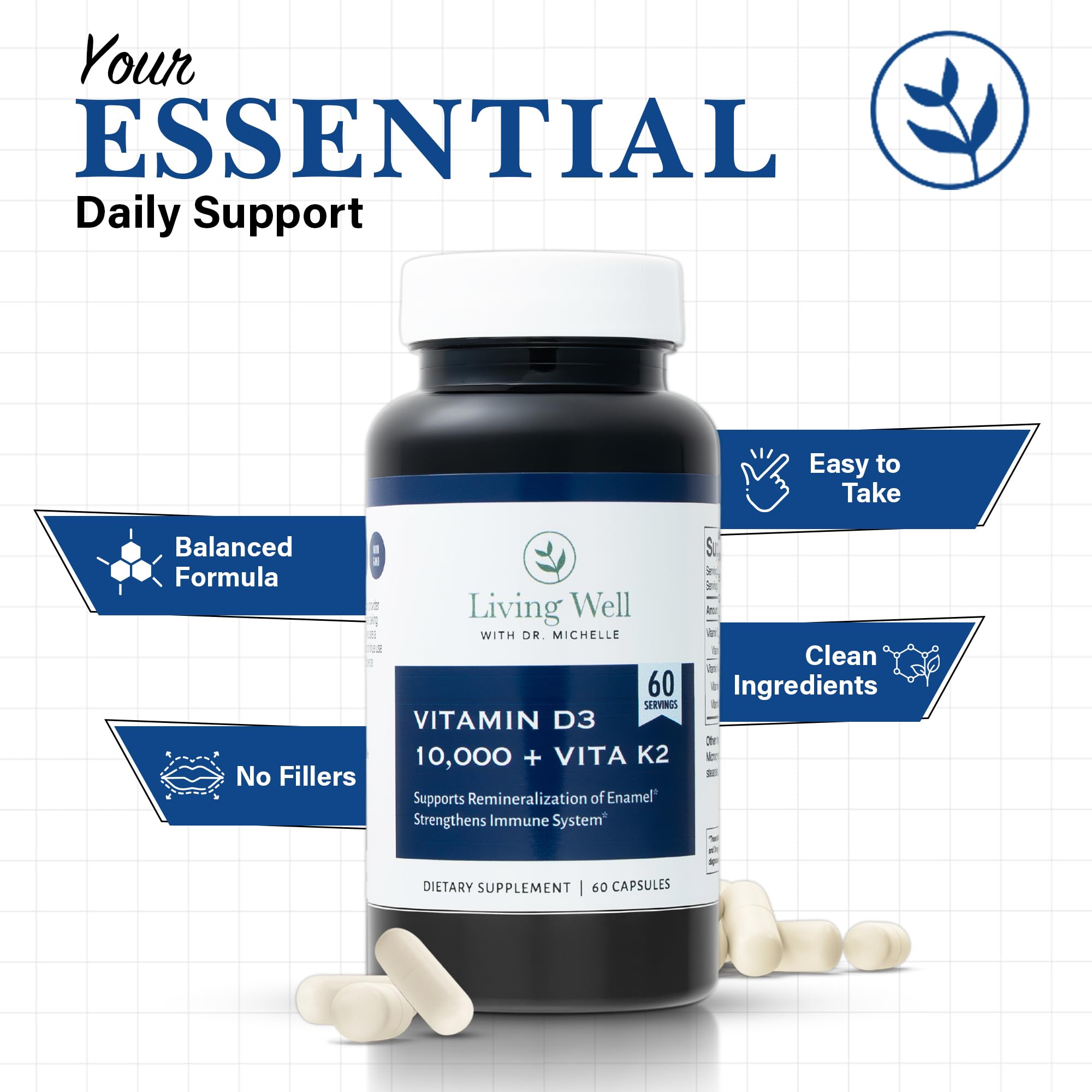 Living Well with Dr. Michelle Vitamin D3 K2 back label supports easy integration into daily routine.