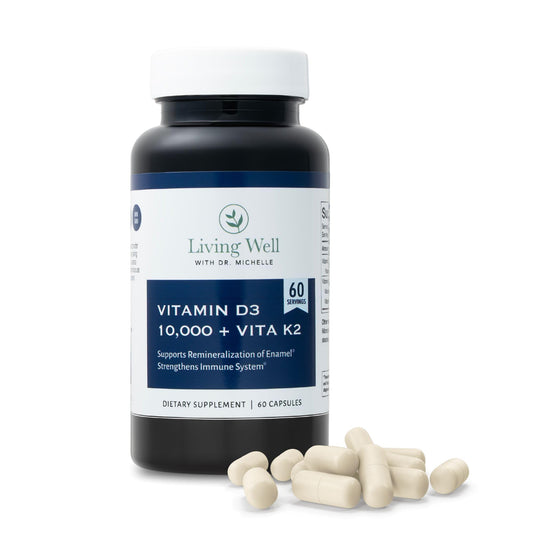 Living Well with Dr. Michelle Vitamin D3 K2 bottle front promotes bone and teeth support.
