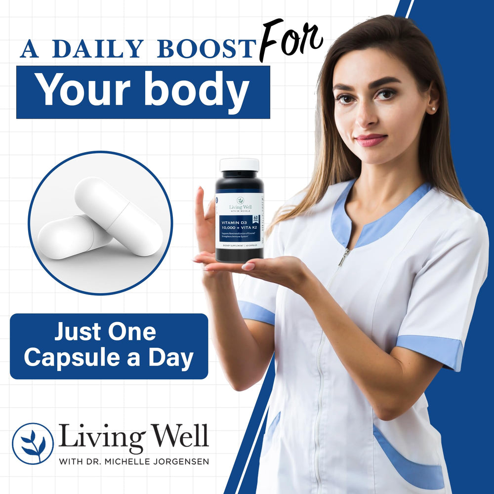 Living Well with Dr. Michelle Vitamin D3 K2 capsules on a tray show 60-day supply.