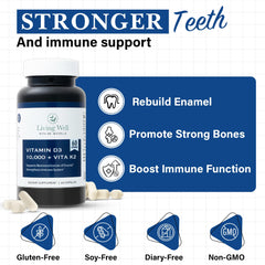 Living Well with Dr. Michelle Vitamin D3 K2 label closeup notes non-GMO and dairy-free promise.