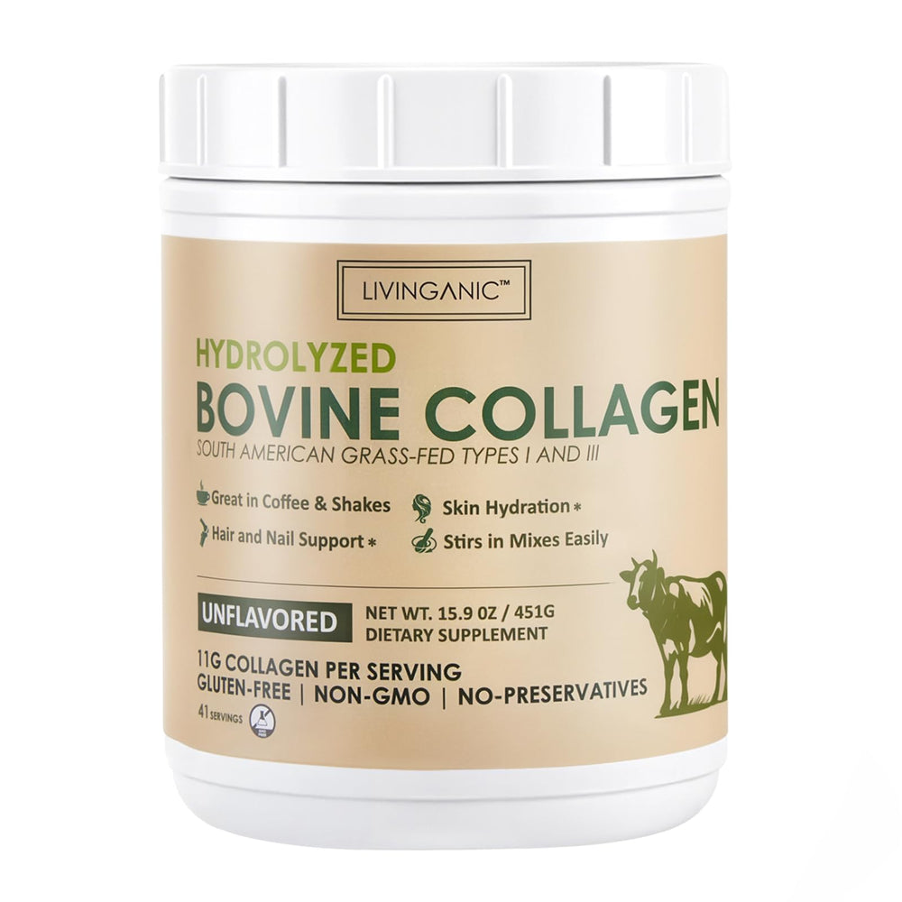 LIVINGANIC collagen powder bottle front view for easy daily use with unflavored formula