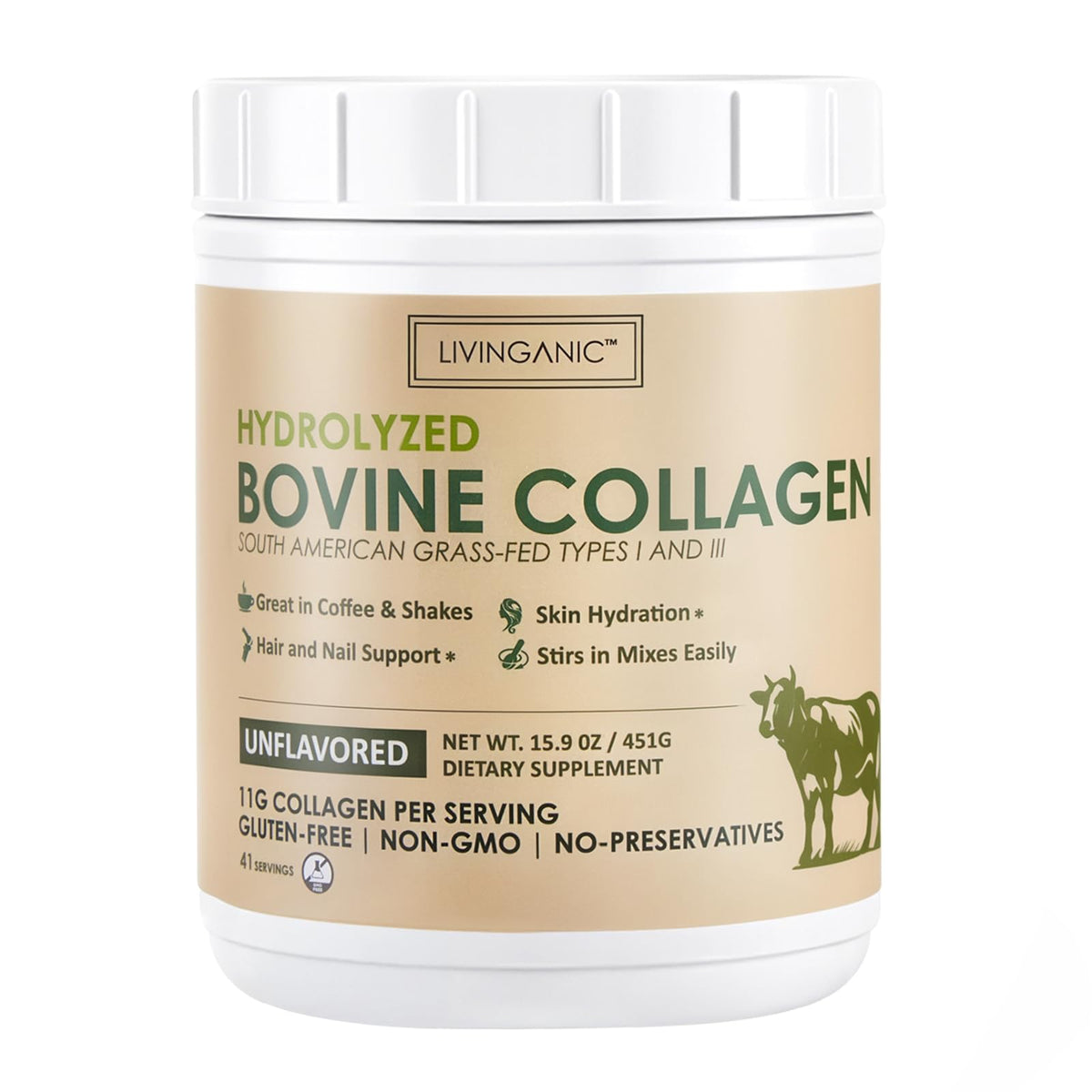 LIVINGANIC collagen powder bottle front view for easy daily use with unflavored formula
