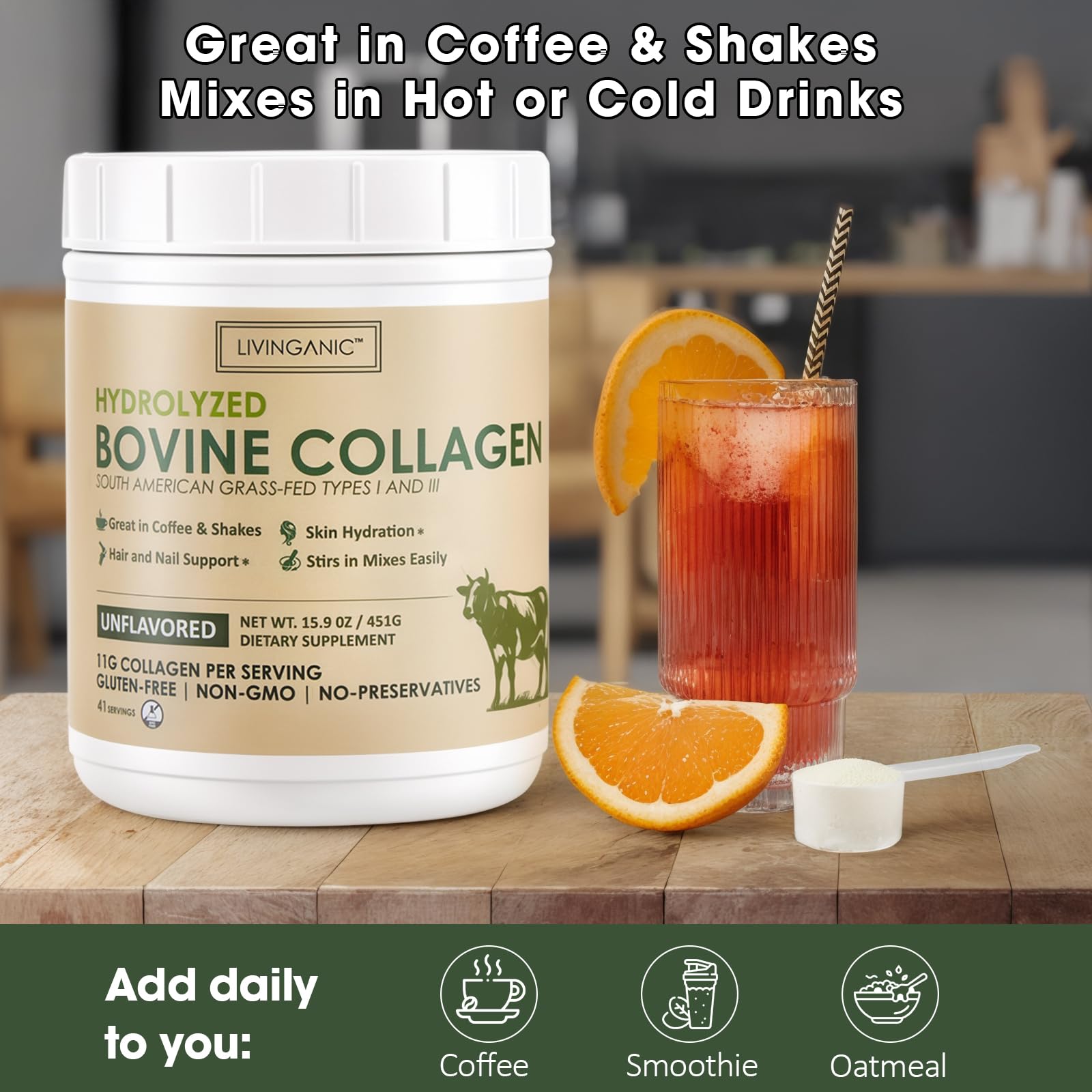 LIVINGANIC collagen powder graphic illustrating grass-fed, pasture-raised sourcing