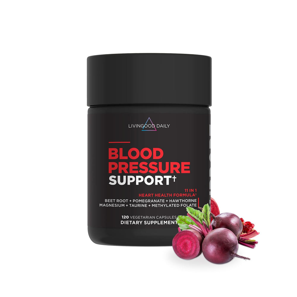 Livingood Daily Blood Pressure Support bottle with vegan capsules for daily cardiovascular wellness.