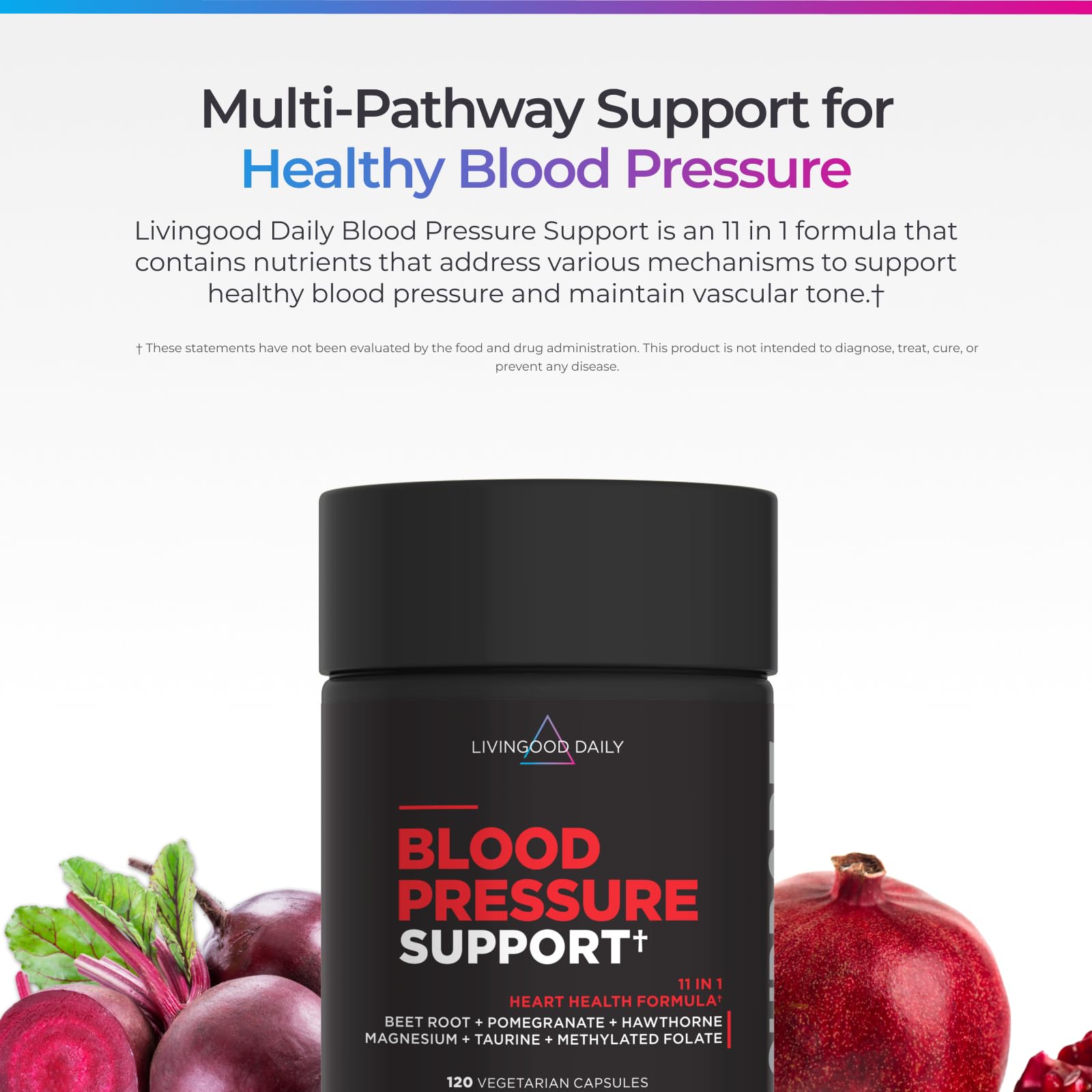 Close-up of Livingood Daily Blood Pressure Support capsules highlighting vegan formula and easy swallowing.