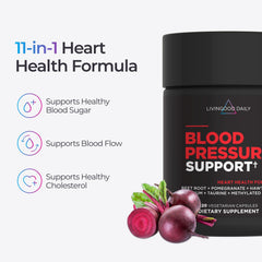 Livingood Daily Blood Pressure Support vegan capsules arranged for a health routine.