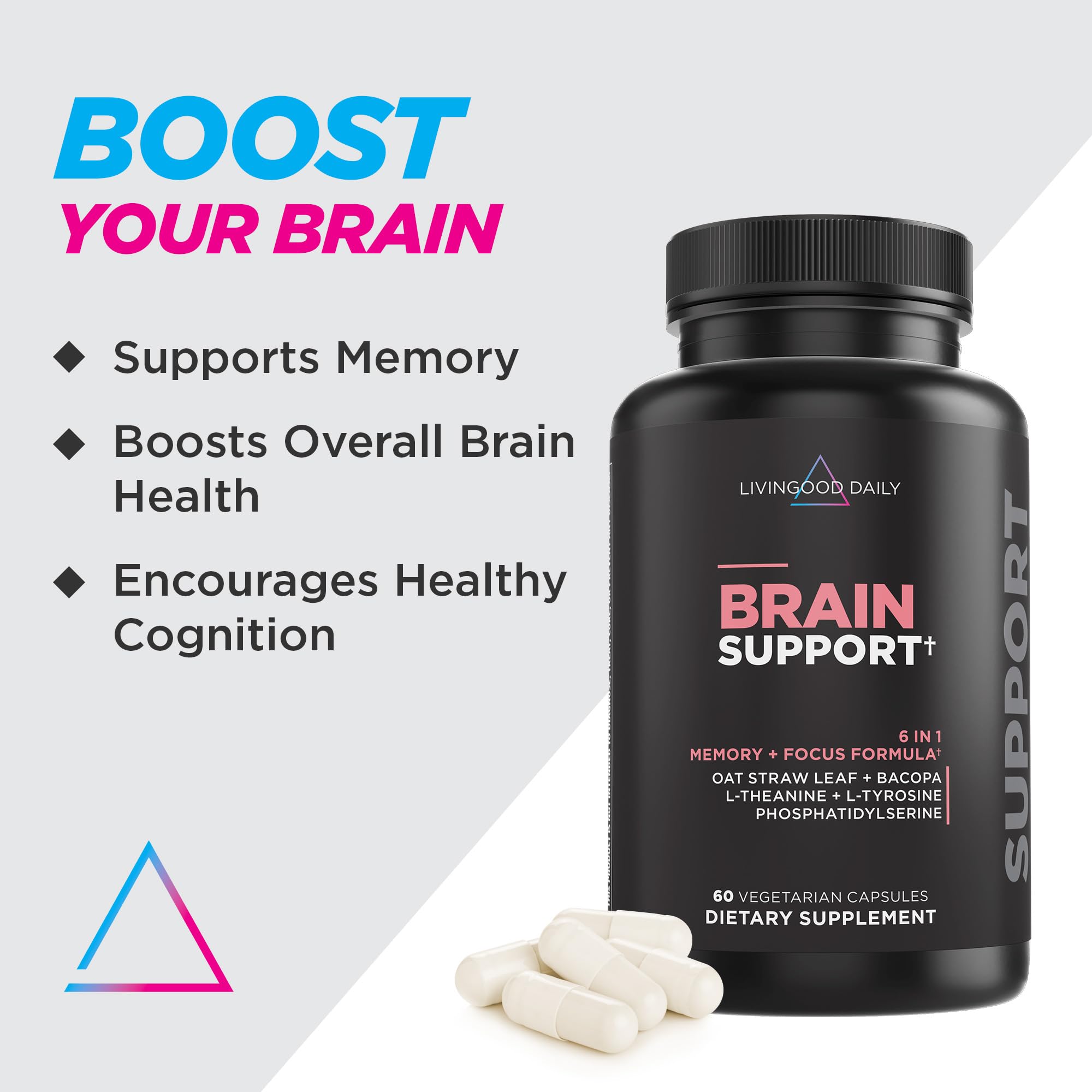 Livingood Daily Brain Support capsules close-up showing smooth texture for a caffeine-free option.