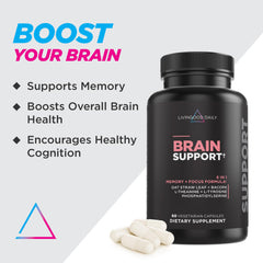Livingood Daily Brain Support capsules close-up showing smooth texture for a caffeine-free option.
