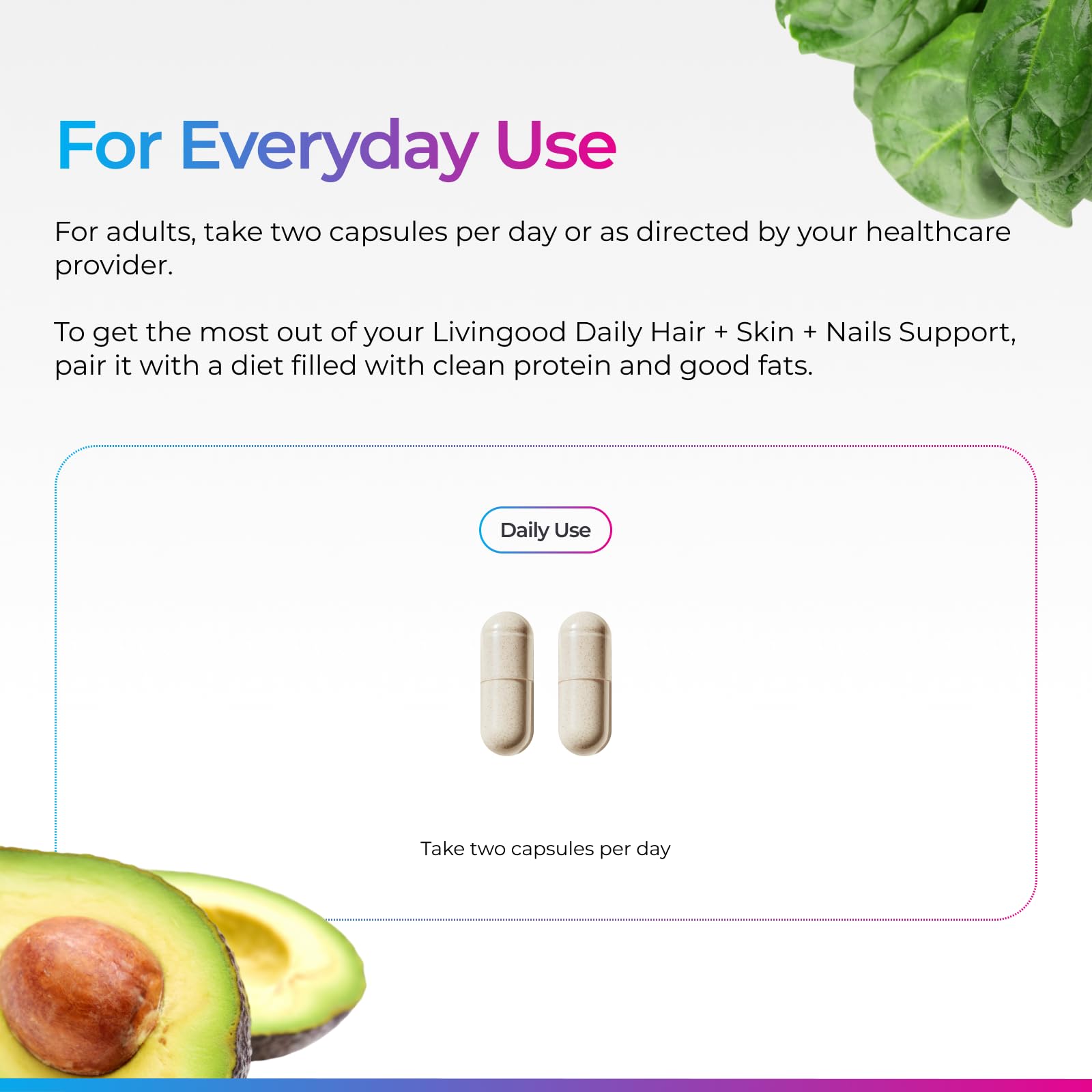 Livingood Daily capsules in hand indicate easy daily beauty support.