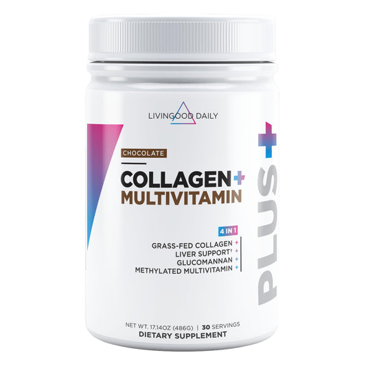 Livingood Daily chocolate collagen bottle showcasing gluten free and keto friendly benefits