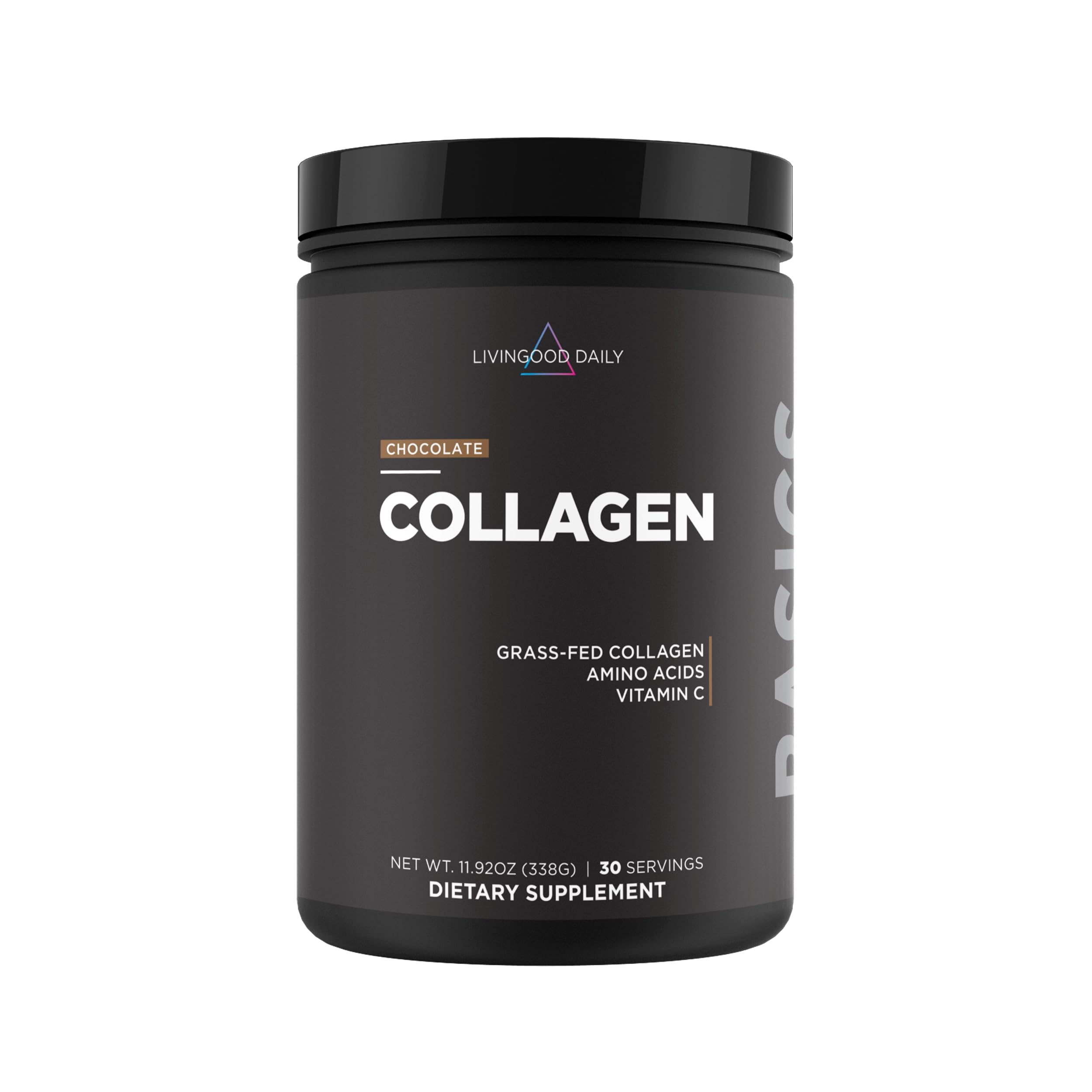 Livingood Daily chocolate collagen powder bottle ready for daily protein support