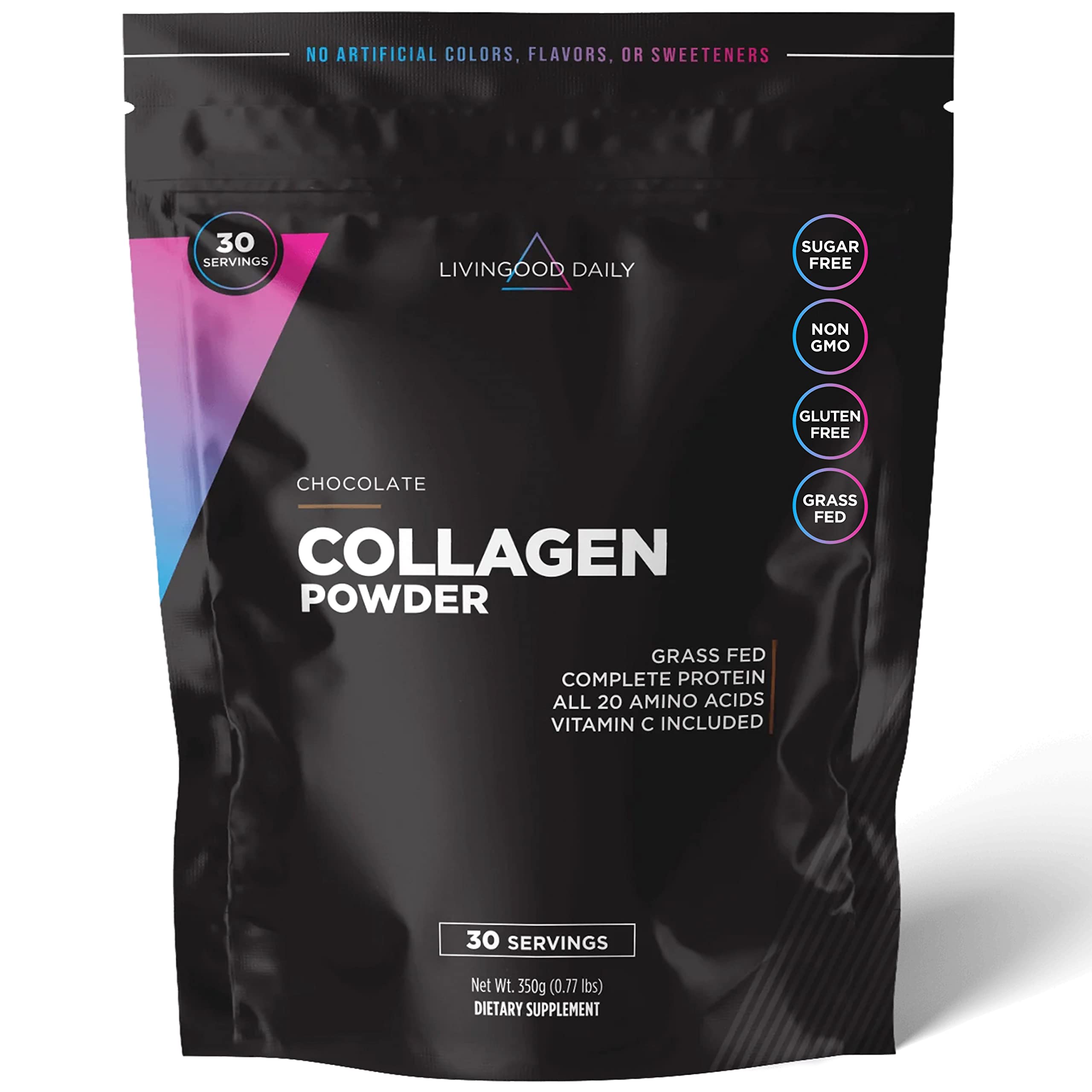 Livingood Daily chocolate collagen powder ingredients panel shows clean, gluten-free and dairy-free formula