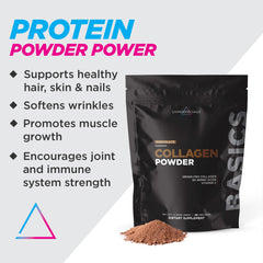 Livingood Daily chocolate collagen powder scoop beside the container for easy one-scoop use