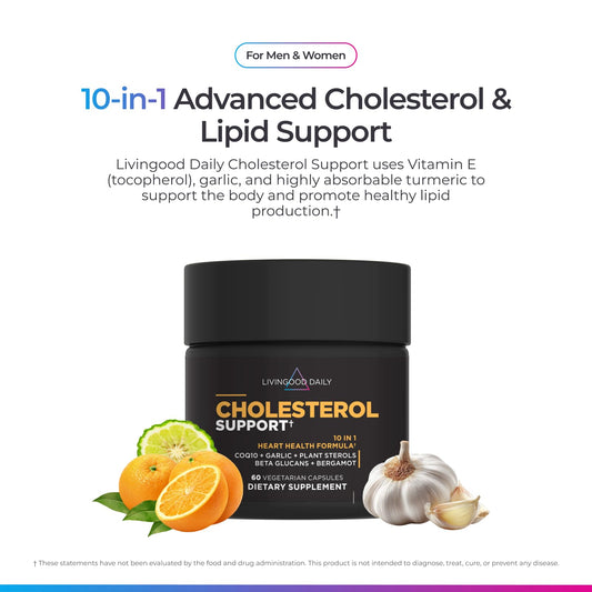 Livingood Daily Cholesterol Support capsules ready for evening use as part of a daily routine.
