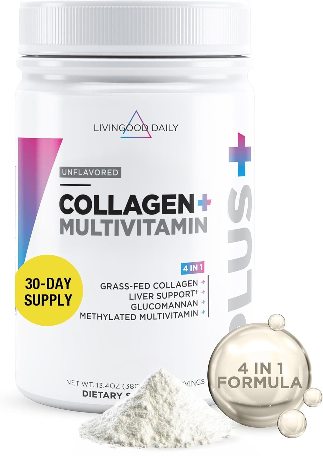 Livingood Daily Collagen Powder bottle with scoop for daily protein support