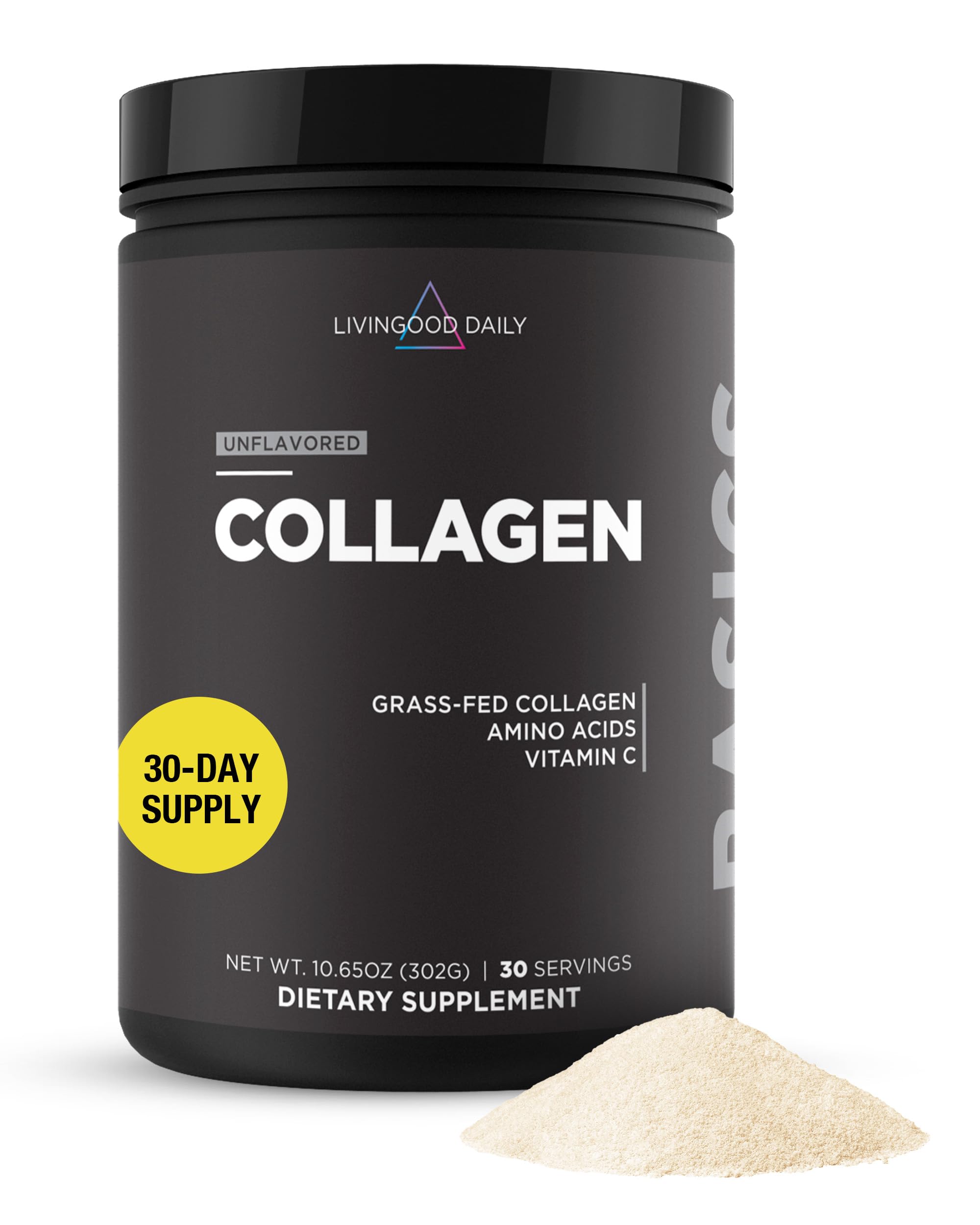 Livingood Daily collagen powder canister on kitchen counter for daily protein support