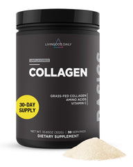 Livingood Daily collagen powder canister on kitchen counter for daily protein support