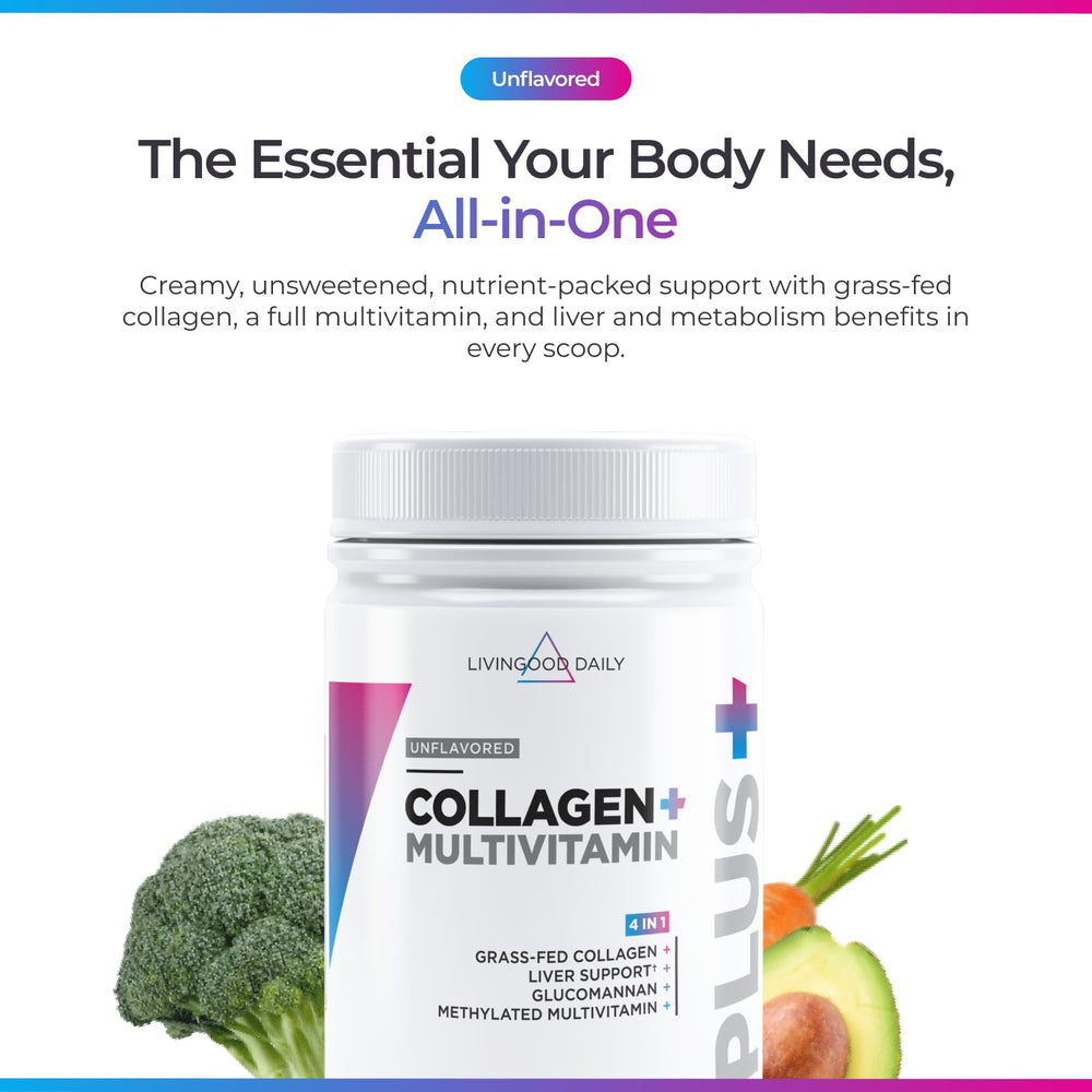 Unflavored Livingood Daily collagen powder dissolving in coffee or water