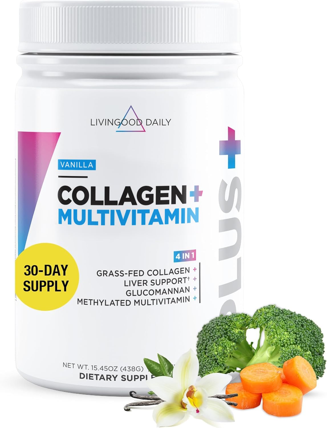 Livingood Daily collagen powder vanilla bottle showcases grass-fed formula for skin and gut health.