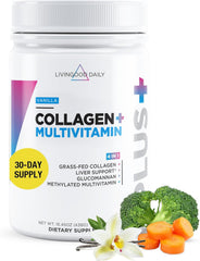 Livingood Daily collagen powder vanilla bottle showcases grass-fed formula for skin and gut health.