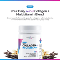 Livingood Daily collagen powder vanilla scoop highlighting convenient daily serving.