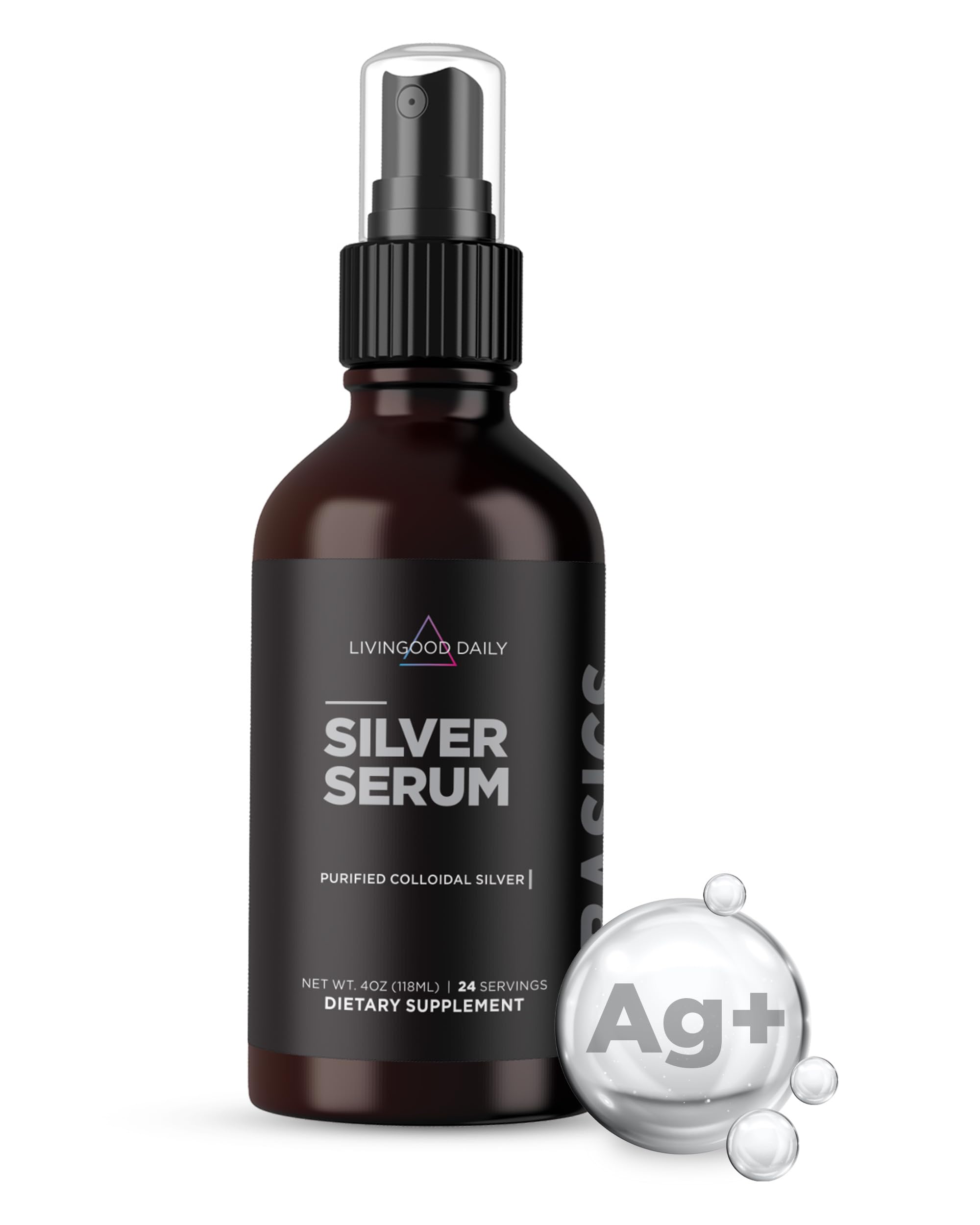 Livingood Daily Colloidal Silver Spray bottle, convenient on-the-go wellness option.