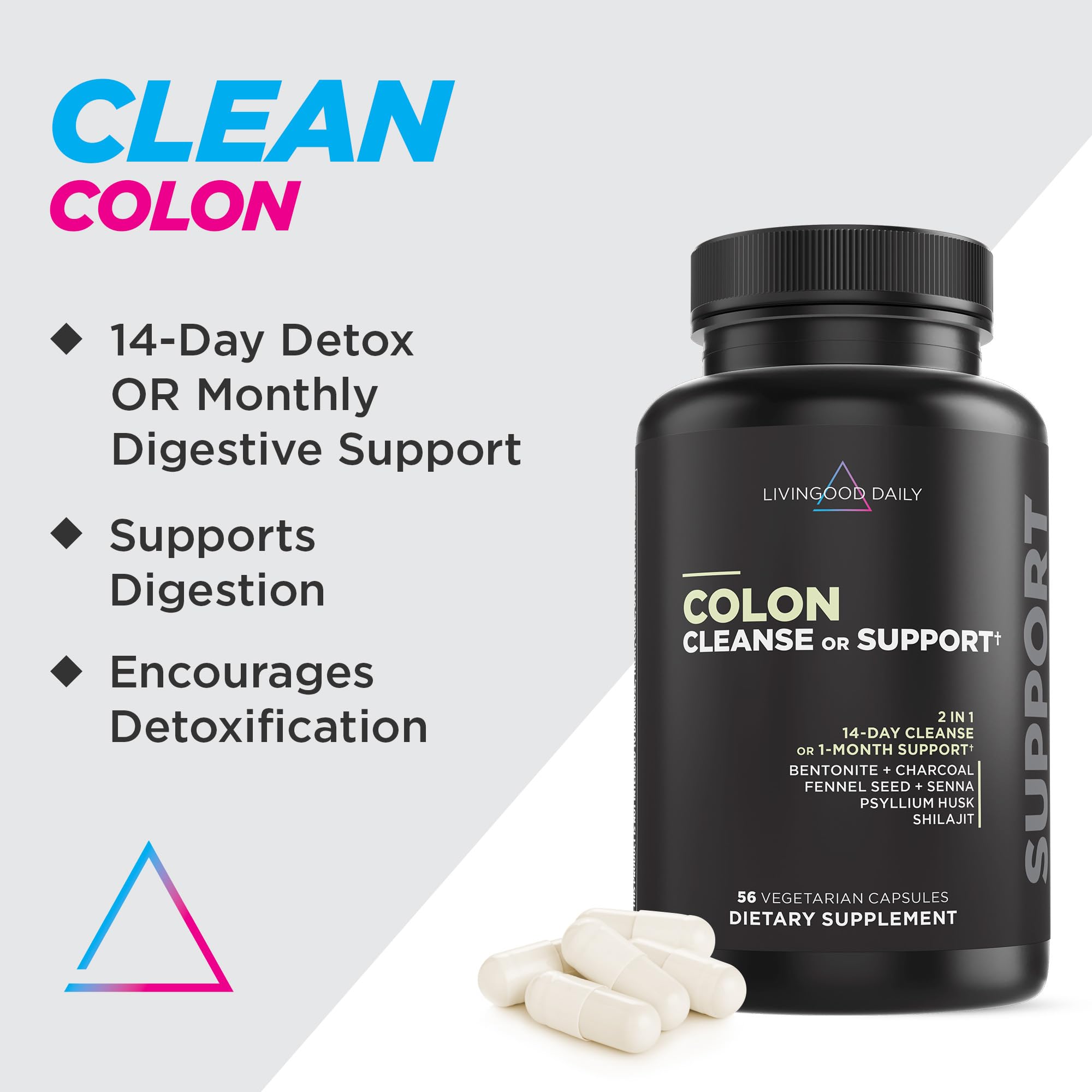 Livingood Daily Colon Cleanse capsules closeup highlighting vegetarian formula.
