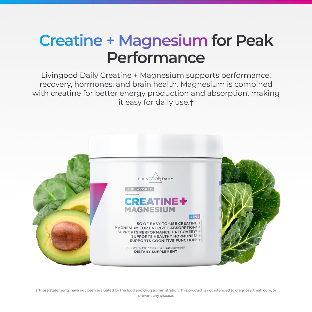 Livingood Daily Creatine Magnesium Powder 30-servings bottle sustains performance and muscle endurance.